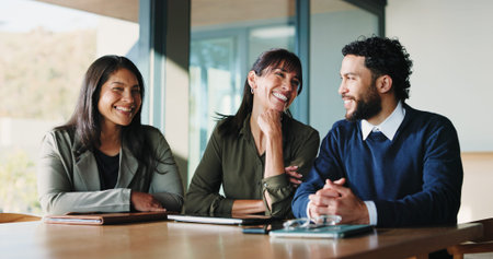 Portrait, happy people and lawyers in boardroom for case discussion, legal assistance or client...