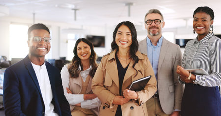 Portrait, law firm and tech with smile, confidence and management for group of business people in office. Collaboration, about us and lawyer with legal team, employees and agency for advocate supportの写真素材