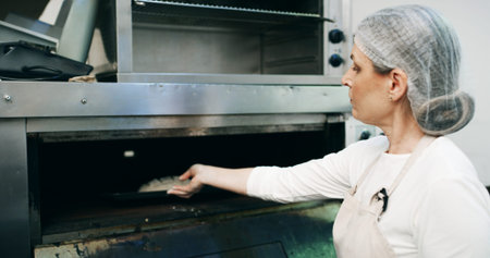 Bakery, pastry chef and woman in commercial kitchen with oven, quality control and small business....
