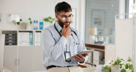Healthcare, tablet and thinking with doctor in hospital for planning, research or review of records....