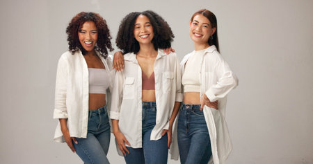 Happy, fashion and portrait of women in studio with bonding, smile or trendy outfit together. Female...