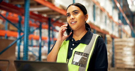 Supply chain, phone call and woman in workplace, logistics and schedule with planning. Person, inspector and employee in warehouse, cellphone or distribution with communication, pc and contactの写真素材