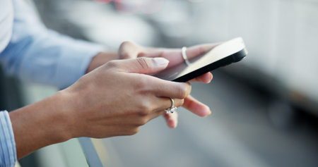 Notification, reading or hands of businesswoman with phone, check email or update social media on break. Employee, networking or browsing internet with mobile app, online website or typing messageの写真素材