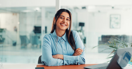 Portrait, office and business woman on laptop for finance report, online research and proposal....