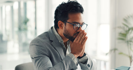 Frustrated, businessman and thinking with stress, doubt or mistake for finance or bad investment....