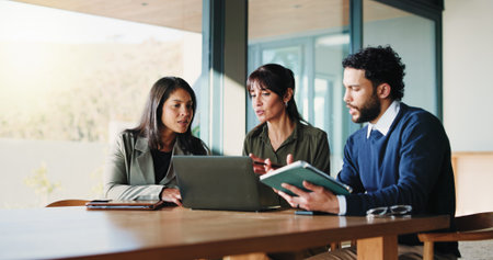 Review, discussion or people in office with laptop, team or project development for client. Collaboration, evaluation or consultant in agency with tablet, contract edit or feedback for stakeholder.の写真素材