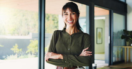 Portrait, realtor and happy business woman in office for property management, pride and about us....