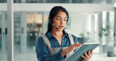 Advisor, headset and tablet with business woman in office for account manager, contact and review....