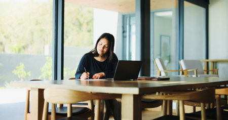 Laptop, writing and research with business woman in office for real estate broker, property listing...