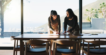 Meeting, planning and teamwork with business people in office for realtor listing, discussion and research. Property developer, project manager and collaboration with employees for update feedbackの写真素材