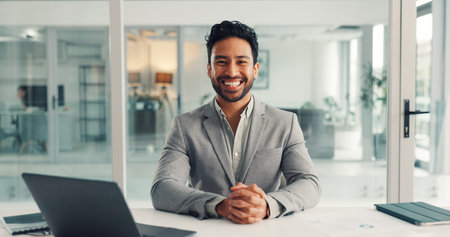 Happy, laptop and portrait of businessman in office with confidence for finance career growth....