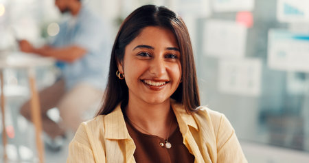 Startup, creative and portrait of business woman with confidence, pride and smile for editor career. Media agency, office and person for about us for copywriting, news reporter job and publishingの写真素材