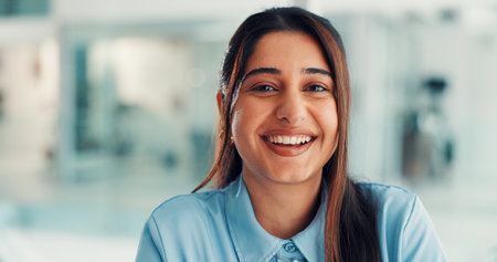 Office, happy and portrait of business woman with confidence, pride and laugh for finance career. Corporate, professional and person with smile for about us, ambition and financial consultant jobの写真素材