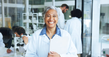 Science, portrait and mature woman in lab with smile, career pride or experience in genetic...