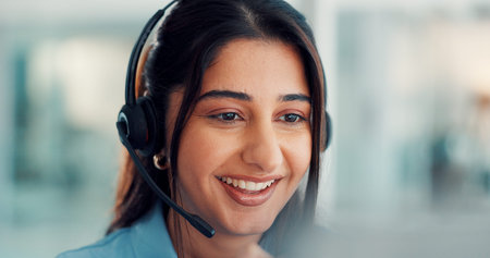 Happy, agent and woman with headset, call center and communication with contact for lead generation....