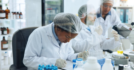 Blood sample, writing and science with woman in laboratory for medical development or research. DNA, notebook and observation with doctor at work on clinical trial, investigation or pharmaceuticalsの写真素材