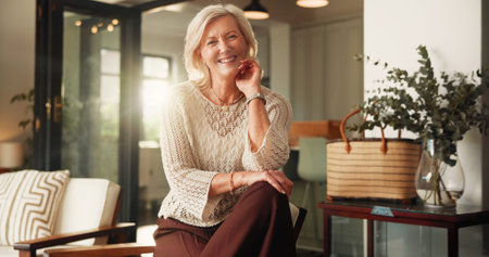 Relax, smile and portrait of old woman on sofa in home for retirement, peace and confidence....