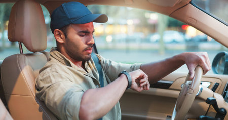 Courier, time and transport with man in car for delivery, distribution or shipment logistics. Ride,...