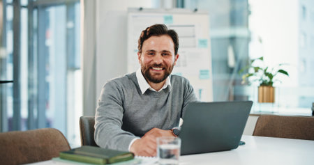 Portrait, laptop and smile with business man in office for assets, account report and planning....