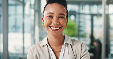 Portrait, creative and woman with smile in office for career pride, about us and reporting news. Happy, person and confident with ambition, copywriting experience and journalist at publication agencyの写真素材