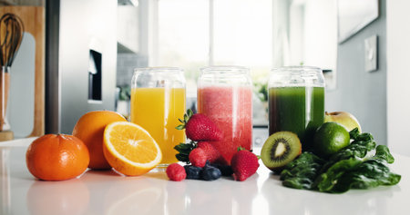 Juice, range and glasses in kitchen with fruit for antioxidant, vitamin detox and mineral benefits. Orange, strawberry and kiwi drinks in home for digestive health, organic nutrition and hydration.の写真素材