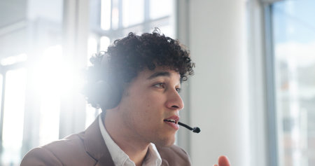 Telecom, man or conversation in call center with customer service for help desk, HR advice or chat....