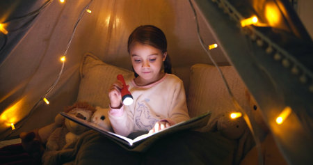 Child, torch and reading book in tent at night for fairytale, bedtime storytelling and literature. Kid, flashlight and fantasy novel with folklore story, imagination and language development at houseの写真素材