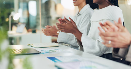 Hands, applause and team at office meeting for celebration, praise or profit announcement at company. Business people, group and excited with clapping, revenue goals or achievement at finance agencyの写真素材