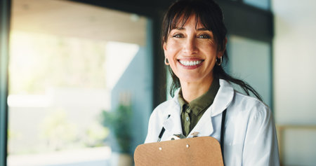 Portrait, doctor and woman with clipboard, smile and hospital policy with prescription. Happy...