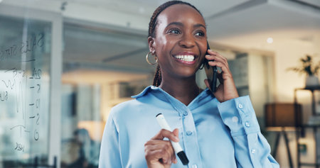 Business, phone call and black woman with smile, talking and sales strategy with project feedback. African person, ad agency and employee in office, cellphone and communication with contact or appの写真素材