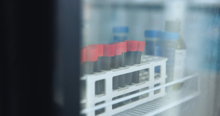 Science, tube and vial with blood in fridge for biotech, dna investigation and medical research. Container, sample and liquid in freezer for genetic testing, stem cell innovation or scientific study.の写真素材