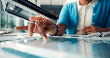 Tablet, chart and hands of business woman on screen for research, finance analysis and budget. Professional, office and worker on digital tech with graph, statistics and info for financial reportの写真素材
