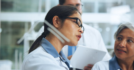 Teaching, formula and team with woman in lab for chemical structure, medical drug trail and research. Brainstorming, vaccine molecule and amino acids equation with scientists with glass boardの写真素材