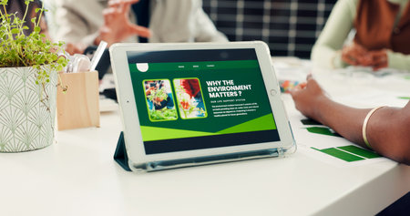 Green project, tablet screen or hands of team in meeting, sustainable business or accountability. Recycle plan, save environment or people with ideas for carbon footprint, tech or eco friendly officeの写真素材