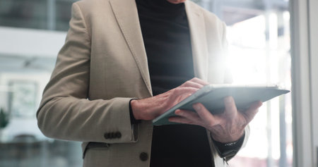 Tablet, communication and hands of businessman in office with email, research or contact for finance...