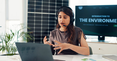 Business woman, consultant and call center with laptop, headset for virtual assistance, awareness or...