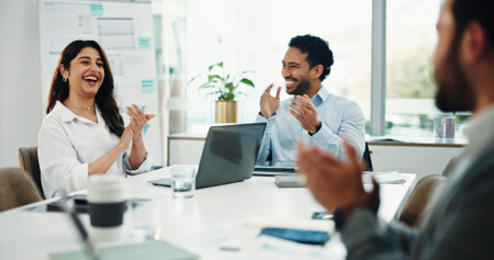 Happy, business people or applause with team, meeting or congratulations for winning or success....