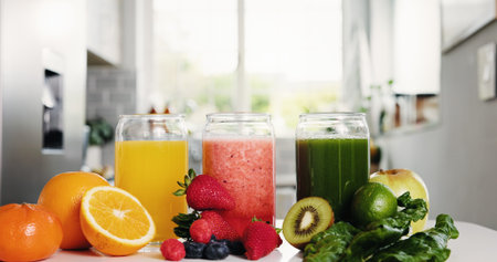Organic, fruit juice or glasses in kitchen with range for healthy diet, vitamin or mineral benefits....
