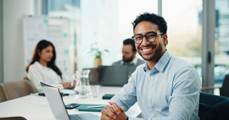 Portrait, employee and man with glasses, boardroom or financial analyst with smile for career...