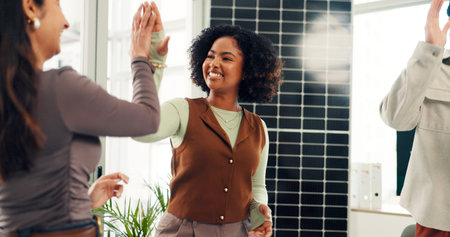 Woman, team and high five with solar panel at office meeting, goals or renewable energy innovation....