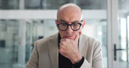 Thinking, vision and business man in office for planning, reflection and investor insight. Broker solution, mindset and memory with mature person in agency for perspective, brainstorming and decisionの写真素材