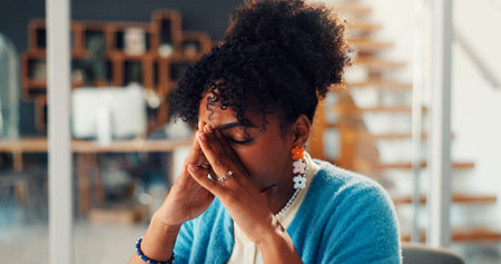 Headache, stress and businesswoman in office with pressure, tension or burnout for deadline. Tired,...