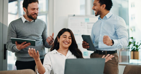 Happy, business people and winning with team, laptop or good news for promotion or done project....