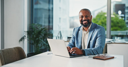 Portrait, business and black man with laptop in office for career pride, about us and accounting....