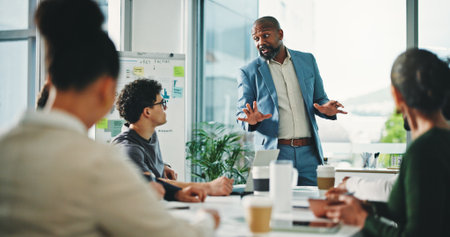 Presentation, meeting and business people in office for planning with finance review of company. Discussion, whiteboard and financial advisors with investment proposal in collaboration in workplace.の写真素材