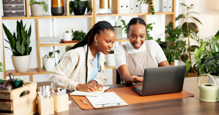 Smile, black women and florist with laptop for startup with online order, inventory and check stock....