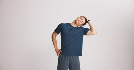 Fitness, neck and stretching with man on studio space for start of training or workout routine....