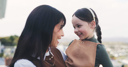 Happy, mother and child with love outdoor for travel, getaway holiday and bonding together. Smile,...
