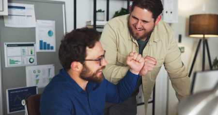 Computer, fist bump and team with business people in office for marketing success, night and viral...