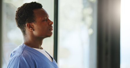 Profile, nurse and black man with eyes closed, stress and overtime with pressure, tension and tired....
